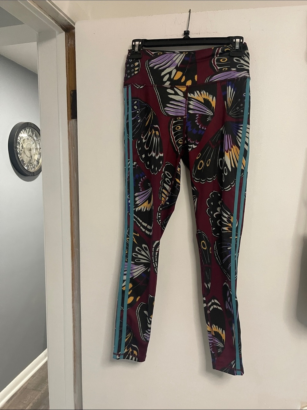 adidas Maroon Butterfly Leggings with Teal Stripes